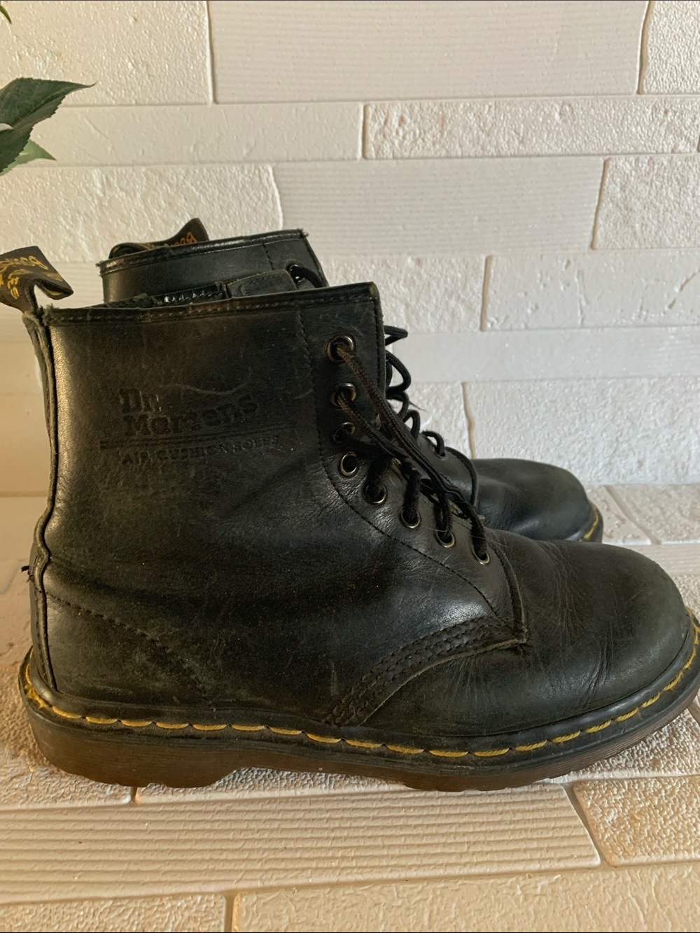 Dr. Martens Men's Black Leather 8-Eye Lace-Up Boots with Yellow Stitching